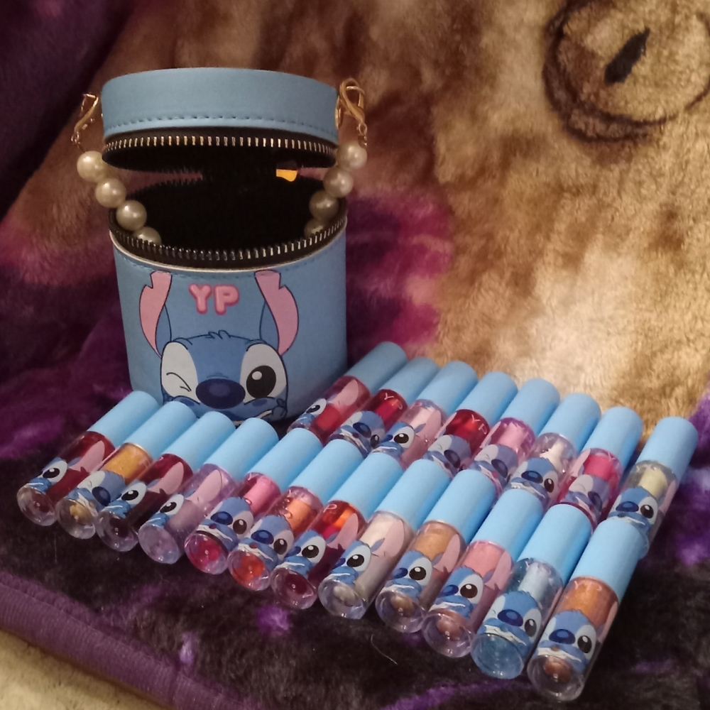 20 Piece Blue Kids Lip Gloss Set with Cute Stitch Character Design